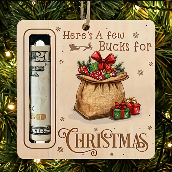 Onlinebodega Finds Other - Here's A Few Bucks for Christmas Money Holder Wooden Ornament w Santa Gift Sack.